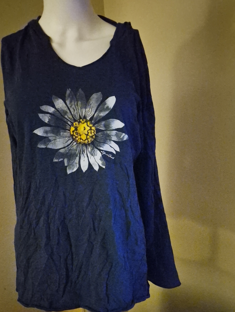 Life Is Good Navy Long Sleeve Tee with Daisy Center Graphic